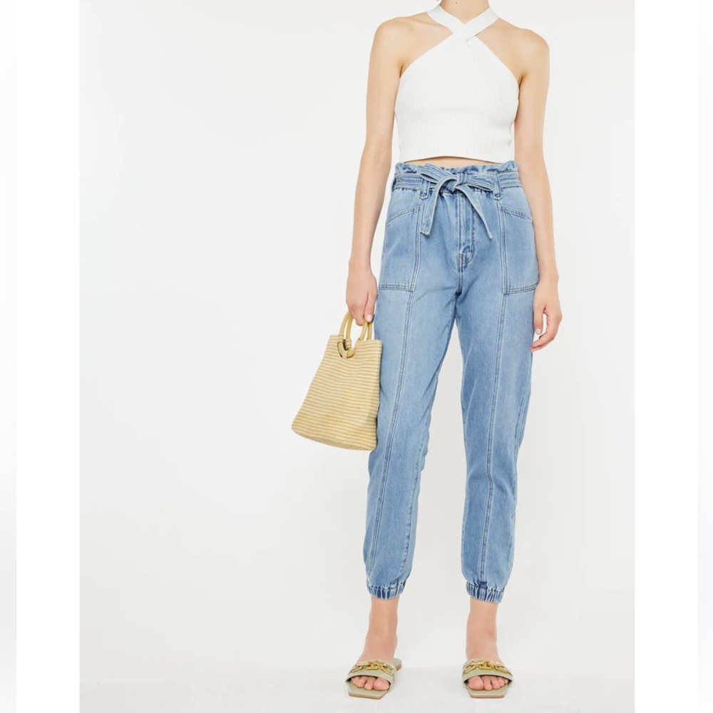 KanCan Light Wash Paperbag Tie Waist Cropped Jogger Jeans